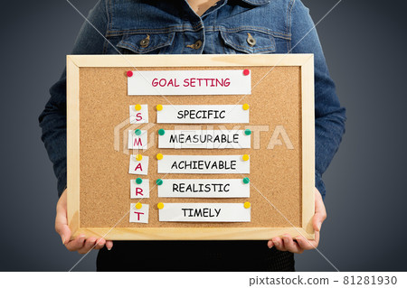 Smart goal setting idea on a pinboard in the hand of a woman person wearing a denim shirt on a gradient blue background with a clipping path. Smart goal setting idea on a pinboard in the hand of a woman person wearing a denim shirt on a gradient blue background with a clipping path. 81281930