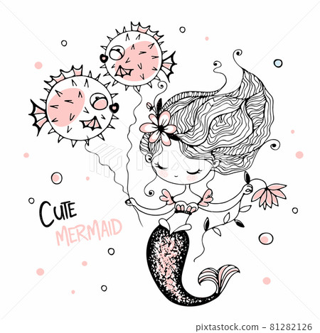 Cute little mermaid with funny fish-hedgehogs. Vector Cute little mermaid with funny fish-hedgehogs. Vector 81282126