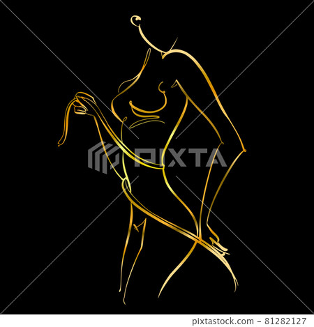 A sporty body. Linear art. A beautiful girl is drawn with one line. Gold on black. Fitness. Vector A sporty body. Linear art. A beautiful girl is drawn with one line. Gold on black. Fitness. Vector 81282127