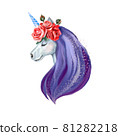 watercolor illustration of a unicorn with flowers on its head a multicolored mane isolated on a white background. 81282218