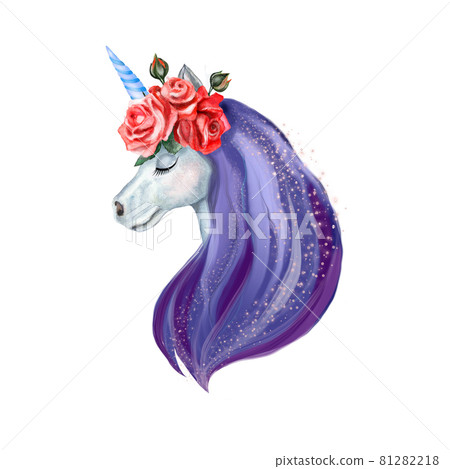 watercolor illustration of a unicorn with flowers on its head a multicolored mane isolated on a white background. 81282218