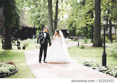 Newly married couple running and jumping in park while holding hands Newly married couple running and jumping in park while holding hands 81282412