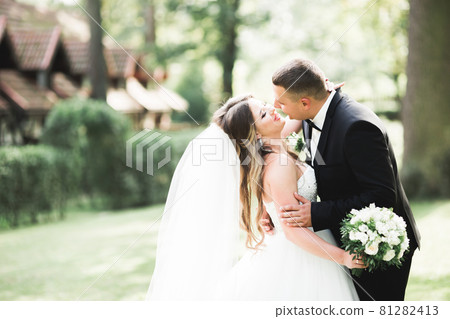 Newly married couple running and jumping in park while holding hands 81282413