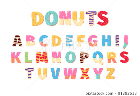 Donuts alphabet. Attraction funny text letters food cake lettering 3d dessert symbols for design menu projects garish vector illustrations alphabet templates 81282618