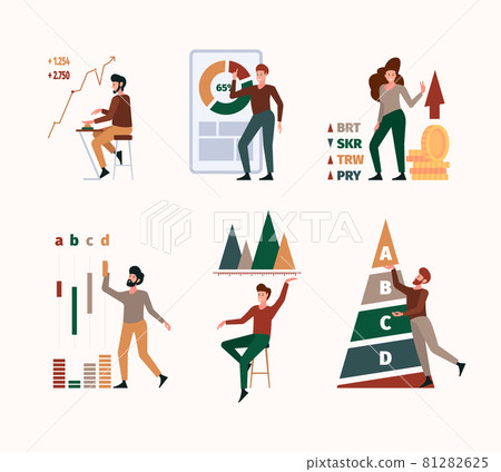 Benchmark. Stylized characters with marketing graph company strategy compare business diagram garish vector flat illustrations 81282625