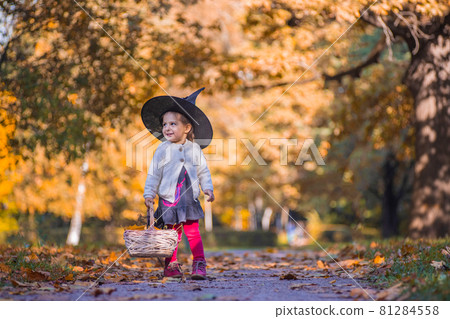 little witch on autumn forest background. little witch on autumn forest background. 81284558