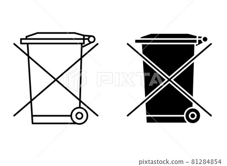 The crossed out wheelie bin. Waste electrical and electronic equipment recycling sign. Forbidden sign for electronic litter. Outline and glyph icon of dumpster 81284854