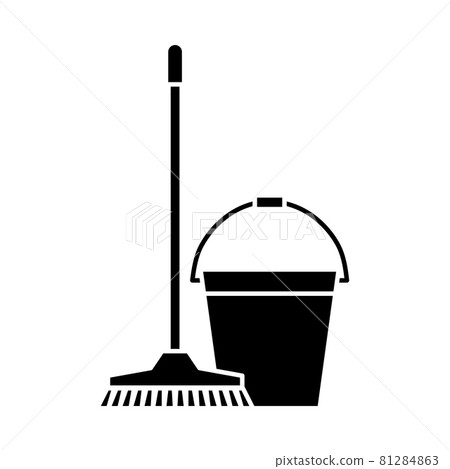Mop and bucket, cleaning icons. Washing housekeeping equipment sign. Cleaning mop with bucket in glyph style 81284863