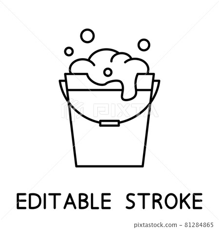 Bubble wash bucket icon. Outline bucket with soap foam. Washing housekeeping equipment sign. Linear style sign suitable for web, infographics, interface and apps Bubble wash bucket icon. Outline bucket with soap foam. Washing housekeeping equipment sign. Linear style sign suitable for web, infographics, interface and apps 81284865