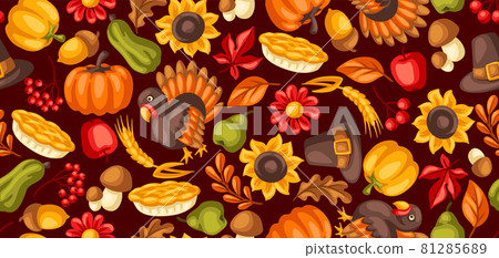 Happy Thanksgiving Day seamless pattern. Background with holiday objects. Happy Thanksgiving Day seamless pattern. Background with holiday objects. 81285689
