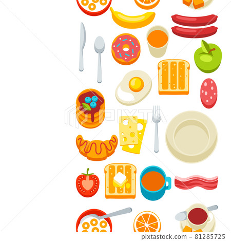 Healthy breakfast seamless pattern. Various food and drinks. Illustration for cafes, restaurants and hotels. 81285725