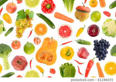 Seamless abstract pattern. Large collection vegetables and fruits isolated on white Seamless abstract pattern. Large collection vegetables and fruits isolated on white 81286035