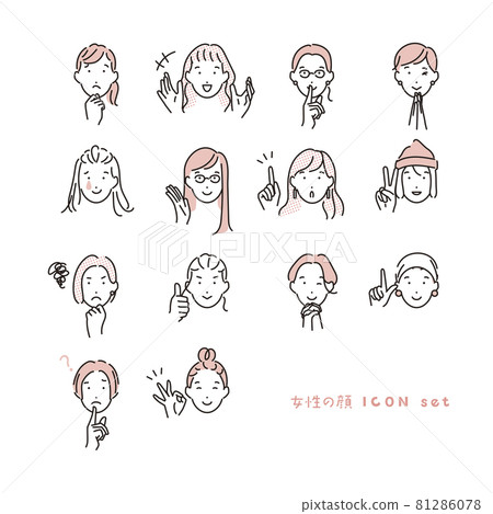用各種面部表情設置的簡單插圖女性面部圖標 81286078