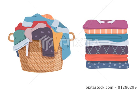 Dirty and clean clothes. Apparel heap with stains in basket and washed clothing, pile different towels. Soiled smelly pile of fabric cotton t-shirts and socks. Vector laundry isolated set Dirty and clean clothes. Apparel heap with stains in basket and washed clothing, pile different towels. Soiled smelly pile of fabric cotton t-shirts and socks. Vector laundry isolated set 81286299