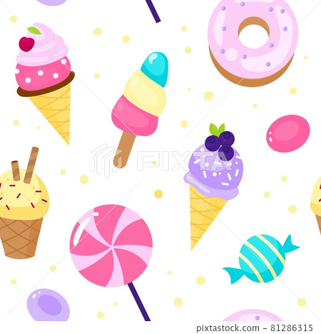 Seamless pattern sweets. Cartoon style candies and ice cream background dessert, lollipop and donut, pink colour girly decor. Decor textile, wrapping paper wallpaper vector print 81286315