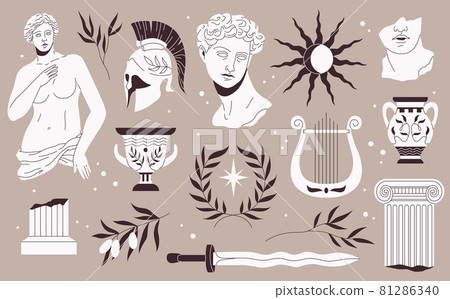 Antique sculptures. Traditional greek style monuments and art objects, gypsum and marble elements, statues portrait, busts and statues. Olive branch, harp and sword. Vector isolated set 81286340