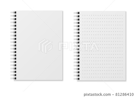 Realistic notebooks. Blank padded diary sketchbook with dots for writing or painting. White copybook with spiral binder, organizer with clean sheets, office or school stationery mockup vector set 81286410