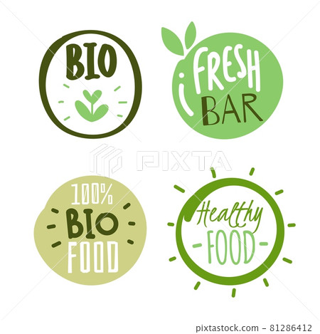 Natural products logo stickers. Organic fresh food labels with text and leaves. Eco and bio circle hand drawn packaging tags, green healthy round badges, vegetarian pure emblem vector set Natural products logo stickers. Organic fresh food labels with text and leaves. Eco and bio circle hand drawn packaging tags, green healthy round badges, vegetarian pure emblem vector set 81286412