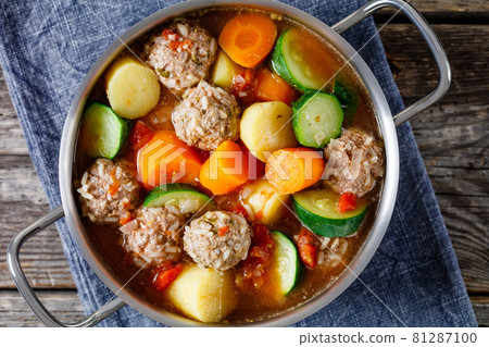 hot mexican meatball vegetable soup, top view hot mexican meatball vegetable soup, top view 81287100