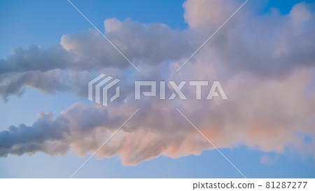 White smoke from factory smokestack, chimney against blue sunset sky White smoke from factory smokestack, chimney against blue sunset sky 81287277