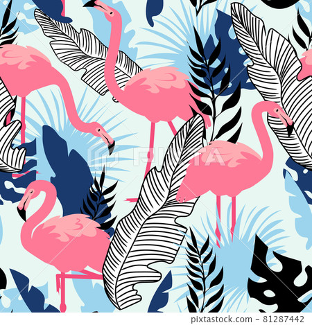 Flamingo pattern. Seamless summer texture with pink exotic bird and tropical palm tree leaves. Cartoon animal. Decor textile, wrapping paper, wallpaper vector summer beach print or fabric 81287442