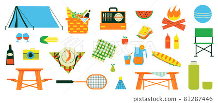 Cartoon picnic camping. Fireplace with tent, blanket and basket. Food and drinks for summer family weekend. Travel equipment and tableware. Hiking or vacation. Vector camp elements set 81287446
