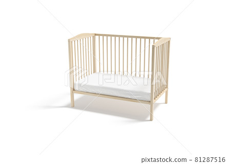 Blank wood cot with white crib sheet mockup, half-turned view Blank wood cot with white crib sheet mockup, half-turned view 81287516