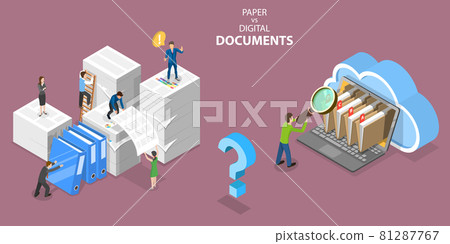3D Isometric Flat Vector Conceptual Illustration of Paper VS Digital Documents. 81287767