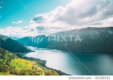 Aurland, Sogn And Fjordane Fjord, Norway. Amazing Summer Scenic View Of Sogn Og Fjordane. Famous Norwegian Landmark And Popular Destination In Summer Day 81288312