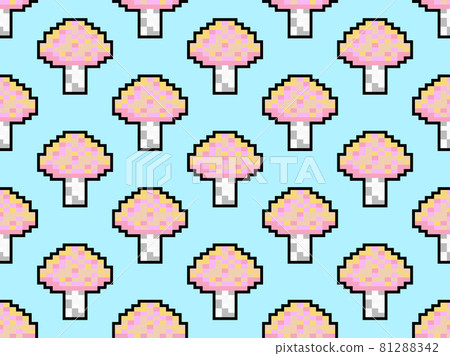 Mushrooms seamless pattern in pixel art style. 8 bit mushroom with outline in 2D retro style. Design for printing, wrapping paper and advertising. Vector illustration Mushrooms seamless pattern in pixel art style. 8 bit mushroom with outline in 2D retro style. Design for printing, wrapping paper and advertising. Vector illustration 81288342