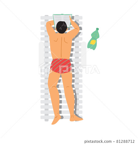Top view of man on beach and reading book, flat vector illustration isolated. Top view of man on beach and reading book, flat vector illustration isolated. 81288712