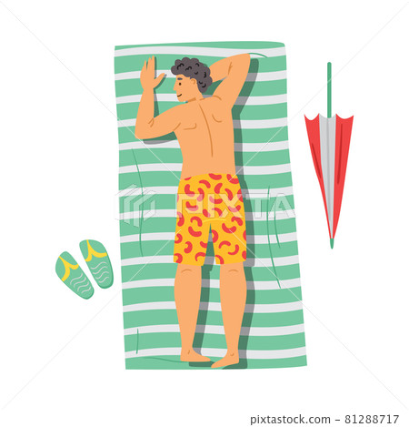 Top view of man tanning on towel or blanket, flat vector illustration isolated. Top view of man tanning on towel or blanket, flat vector illustration isolated. 81288717
