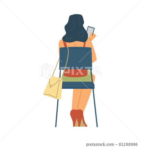 Rear view on back of woman sitting on chair and looking at mobile phone. Rear view on back of woman sitting on chair and looking at mobile phone. 81288986