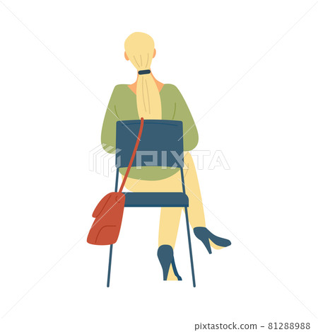 Casual woman with long blonde hair sitting on chair in flat vector illustration Casual woman with long blonde hair sitting on chair in flat vector illustration 81288988