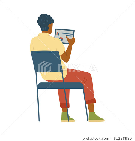 Man sits on chair and looks at tablet, flat vector illustration isolated. 81288989
