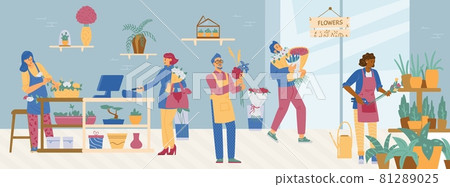 Flower shop with sellers or florists and buyers, flat vector illustration. Flower shop with sellers or florists and buyers, flat vector illustration. 81289025