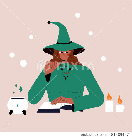 Halloween witch girl with black skin color with a magic spell book. Portrait of beautiful young woman in witches hat conjuring, making witchcraft with a candles around her. Halloween illustration. 81289457