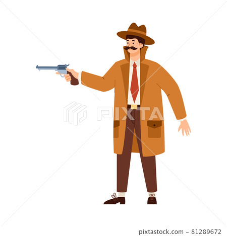 Detective or spy in hat aiming with gun, flat vector illustration isolated. 81289672