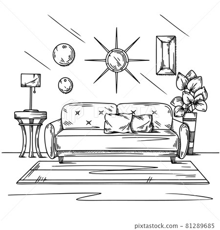Living room sketch in black on white. Interior sketch, sofa, lamp and other furniture. Vector 81289685