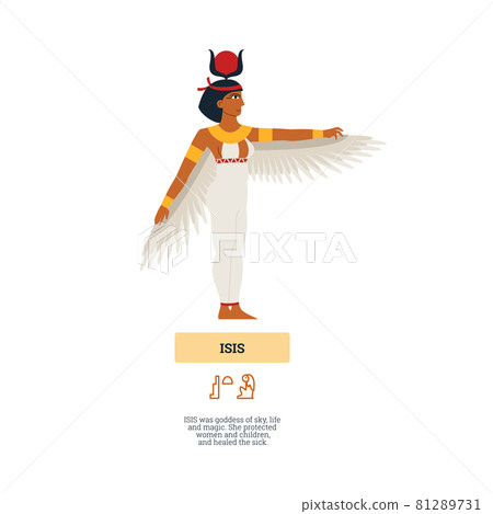 Profile egyptian ancient goddess isis - winged woman with horns and sun on head. Profile egyptian ancient goddess isis - winged woman with horns and sun on head. 81289731