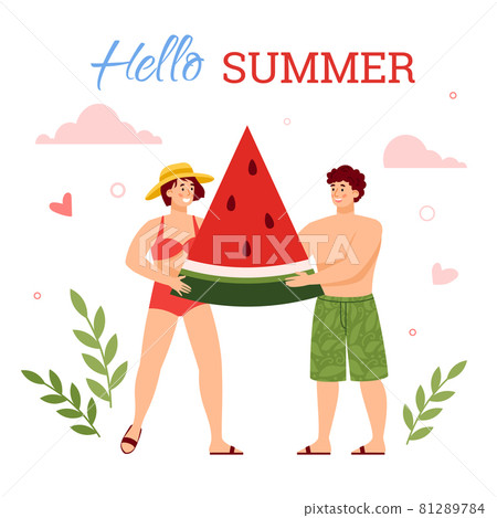 Hello summer banner with couple carrying watermelon, flat vector illustration. 81289784