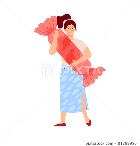 Woman with sugar addiction embracing candy, flat vector illustration isolated. Woman with sugar addiction embracing candy, flat vector illustration isolated. 81289956
