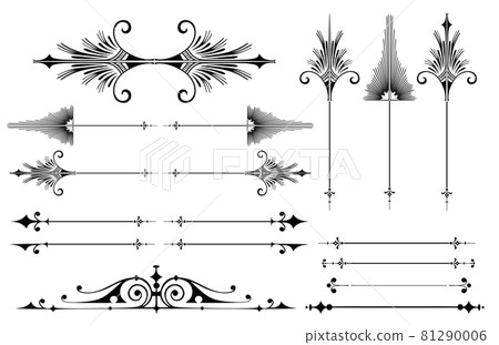 Set of vintage text dividers. Retro object for text isolated on white background. Style of the early 20s. Registration for paper documents and certificates, vector are isolated. Border line icon 81290006