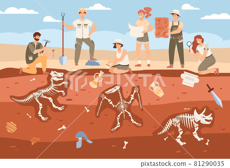 Scene with male, female cartoon characters archaeologists working on excavation 81290035