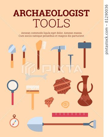 Banner with archaeologists tools for excavating, flat vector illustration. 81290036