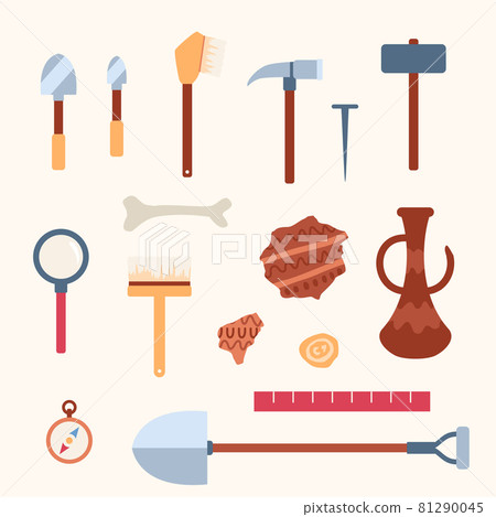 Set tools for work of scientists archaeologists at archeology excavations. 81290045