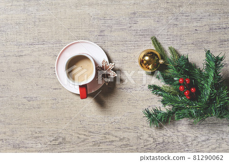 Merry Christmas background with Xmas decors and cookies. Tasty Christmas cookies and X-mas tree baubles. Celebrating Christmas and New year 81290062