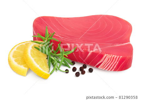 Fresh tuna fish fillet steak with rosemary, lemon and peppercorns isolated on white background with clipping path and full depth of field Fresh tuna fish fillet steak with rosemary, lemon and peppercorns isolated on white background with clipping path and full depth of field 81290358