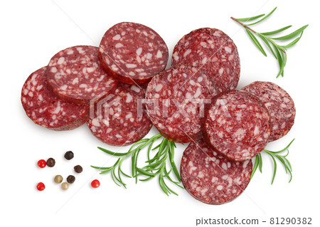 Smoked sausage salami slices isolated on white background with clipping path and full depth of field. Top view. Flat lay 81290382