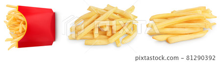 French fries or fried potatoes isolated on white background. Set or collection French fries or fried potatoes isolated on white background. Set or collection 81290392